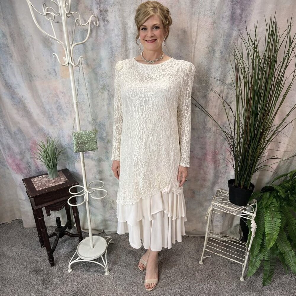 VTG📌 David Rose Lace 1980s Cream Long Sleeve Formal - Wedding - Cocktail Dress